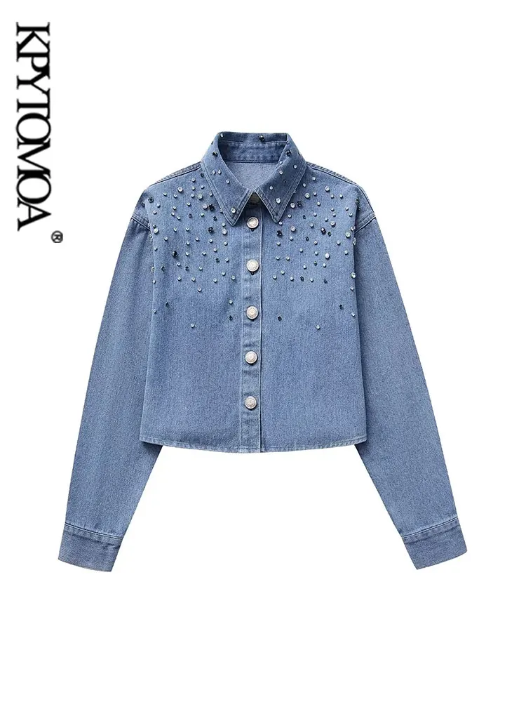 KPYTOMOA Women Fashion Denim Cropped Rhinestone Shirts Vintage Long Sleeve Button-up Female Blouses Chic Tops
KPYTOMOA Women Fashion Denim Cropped Rhinestone Shirts Vintage Long Sleeve Button-up Female Blouses Chic Tops