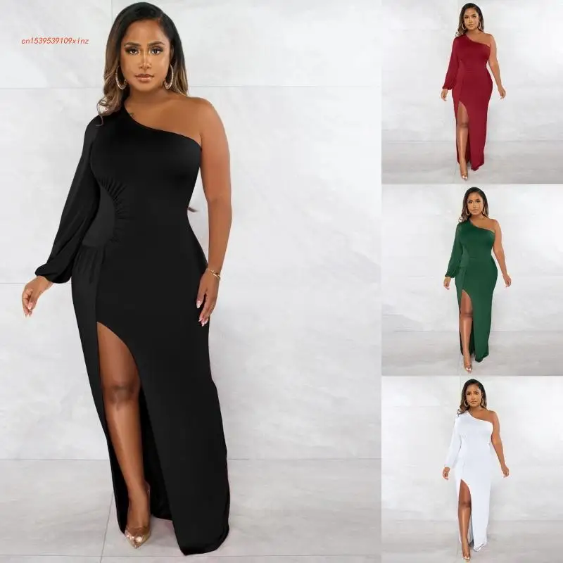 Women One Shoulder Lantern Long Sleeve Maxi Dress Sexy Ruched Empire Waist Pacakge Hip Thigh High Split Bodycon Dresses
Women One Shoulder Lantern Long Sleeve Maxi Dress Sexy Ruched Empire Waist Pacakge Hip Thigh High Split Bodycon Dresses