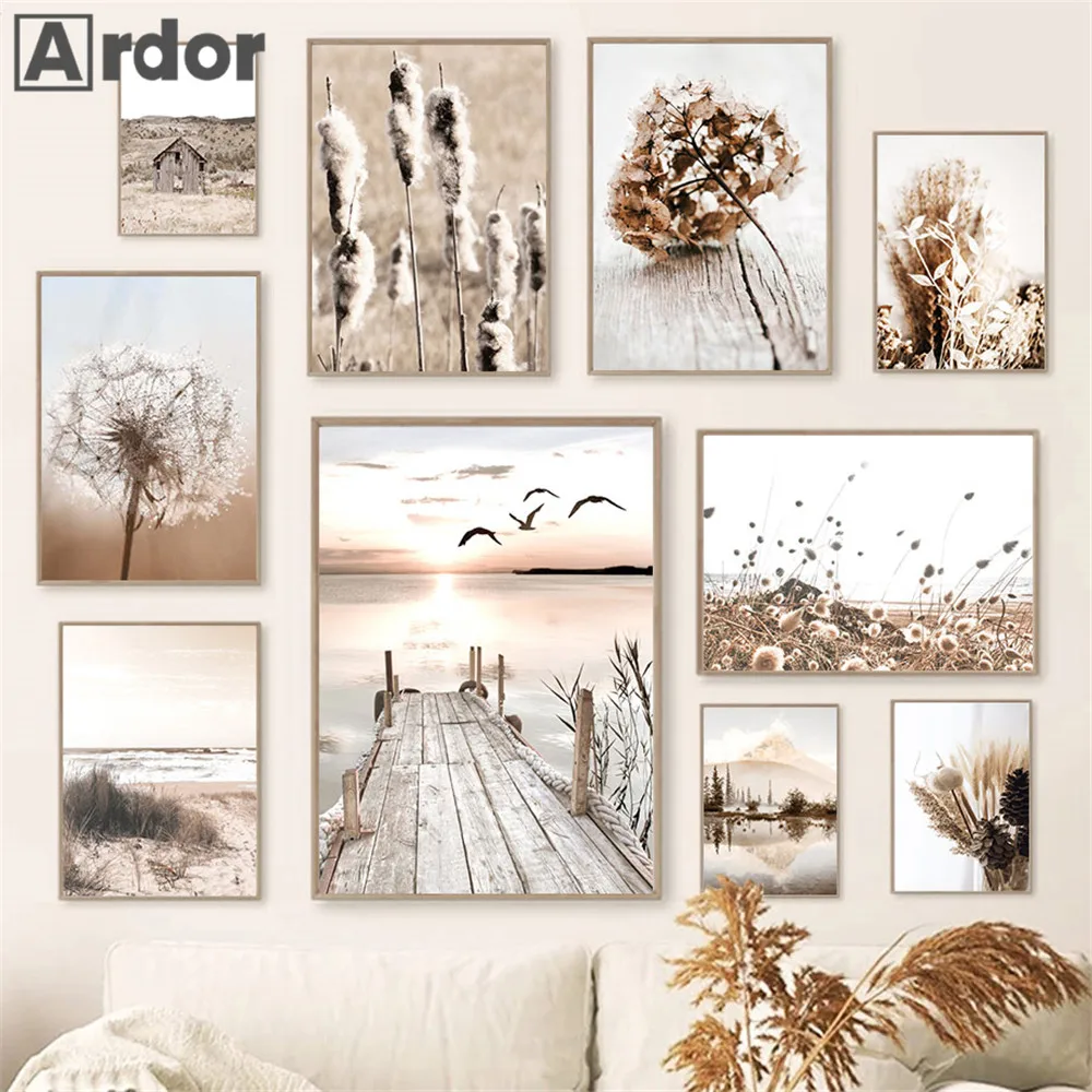 

Dried Flower Grass Wall Art Canvas Poster Dandelion Painting Beach Sunset Bridge Scenery Print Nordic Wall Pictures Home Decor