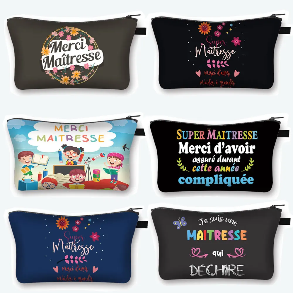 

Merci Maitresse Pour Cette Tres Jolie Annee Print Cosmetic Case Women Makeup Bag Ladies Lipstick Toiletry Bag Teacher's Day Gift