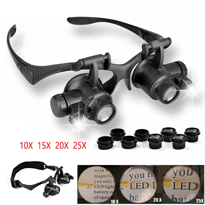 

10X 15X 20X 25X Lenses Magnifying Headwear or Glasses Type Jewelry Magnifier with LED Lamp Identification Antique Watch Repair