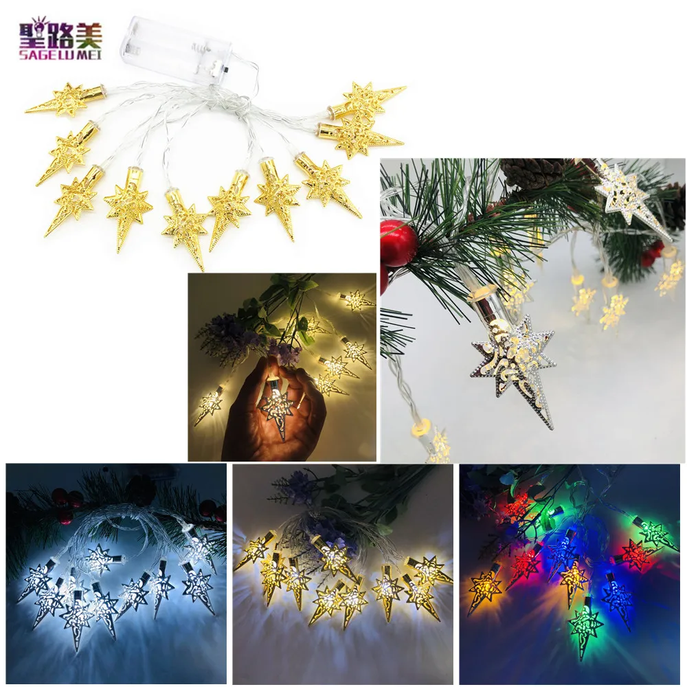 

2021 New 10/20Leds Christmas Lights Gold/ Silver Stars Anise-Stars Strings Xmas Tree Decoration for Festival Wedding Party Decor