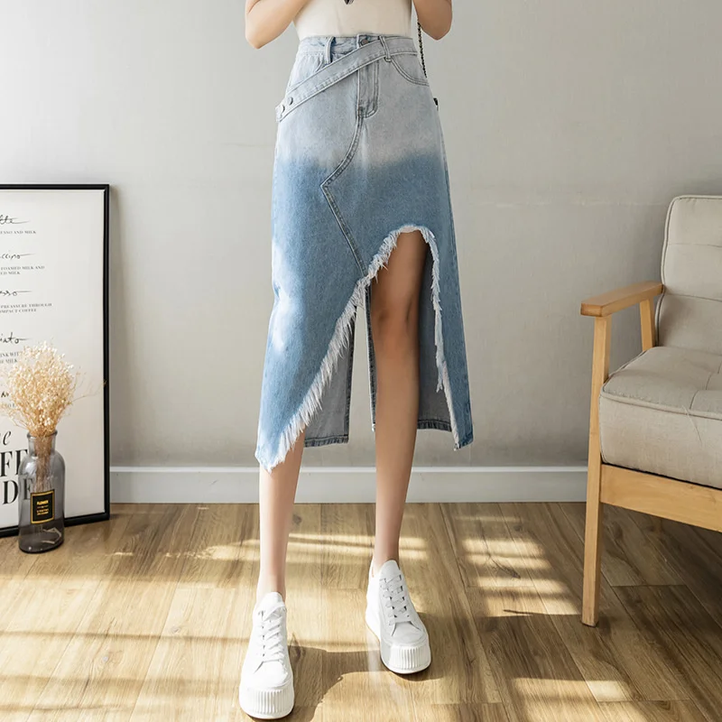 #4907 Gradient Blue Midi Denim Skirt Women Split Sexy High Waist Skirt Female Split Korean Fashion Jeans Irregular A-Line Skirt
#4907 Gradient Blue Midi Denim Skirt Women Split Sexy High Waist Skirt Female Split Korean Fashion Jeans Irregular A-Line Skirt