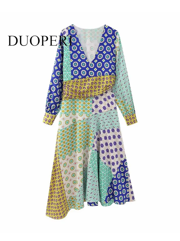 DUOPERI Women Fashion Patchwork Prnted Side Zipper Hollow out Midi Dress Vintage V-Neck Long Sleeves Female Chic Lady Dresses
DUOPERI Women Fashion Patchwork Prnted Side Zipper Hollow out Midi Dress Vintage V-Neck Long Sleeves Female Chic Lady Dresses