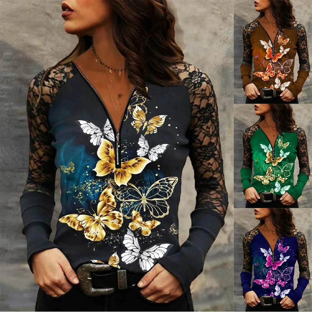 Women's T-Shirt Spring 2022 New V Neck Zip Print Stitched Lace Long Sleeve Shirts
Women's T-Shirt Spring 2022 New V Neck Zip Print Stitched Lace Long Sleeve Shirts