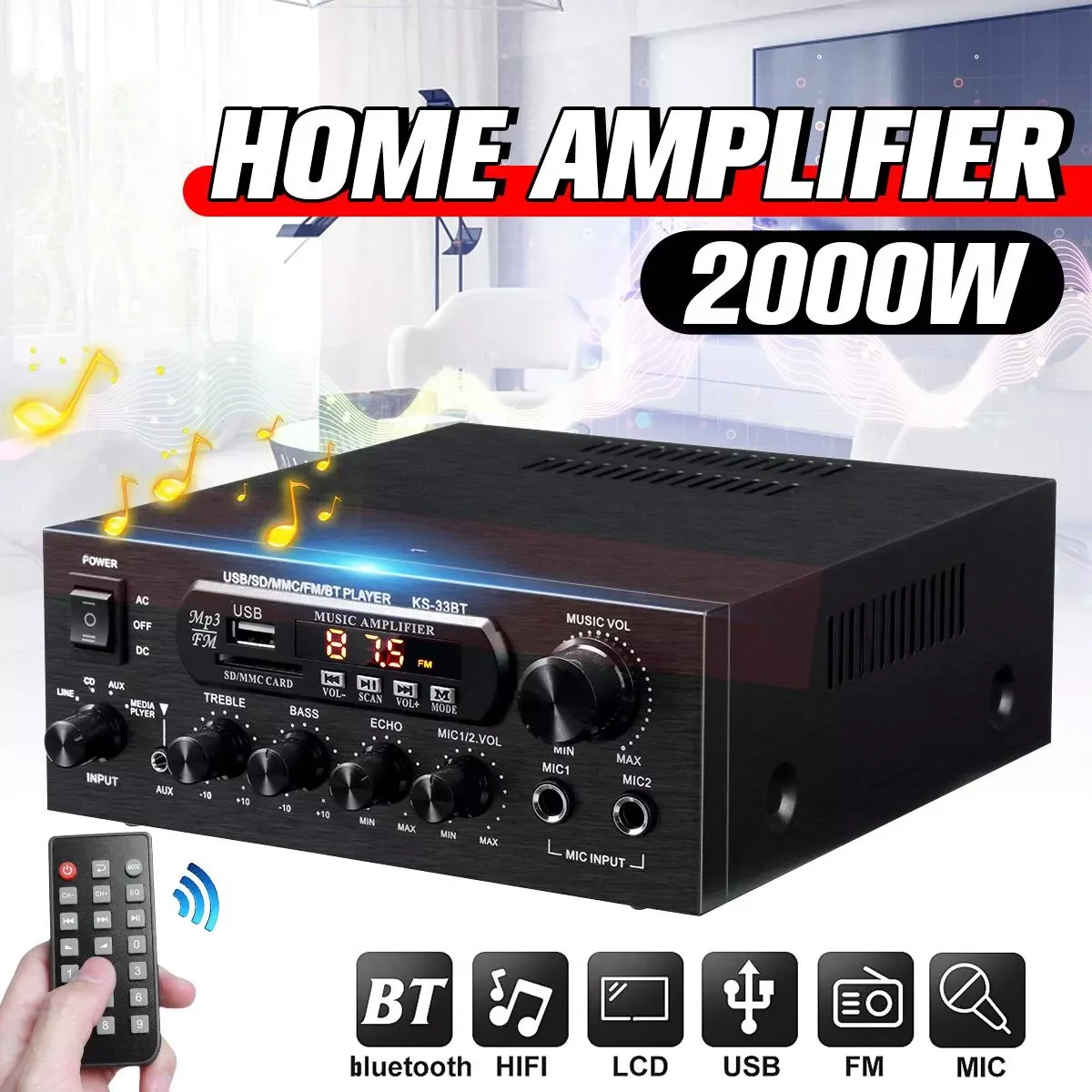 1200W bluetooth Stereo Amplifier Surround Sound USB SD AMP FM DVD AUX LED Display Home Cinema Karaoke Remote Control
1200W bluetooth Stereo Amplifier Surround Sound USB SD AMP FM DVD AUX LED Display Home Cinema Karaoke Remote Control
