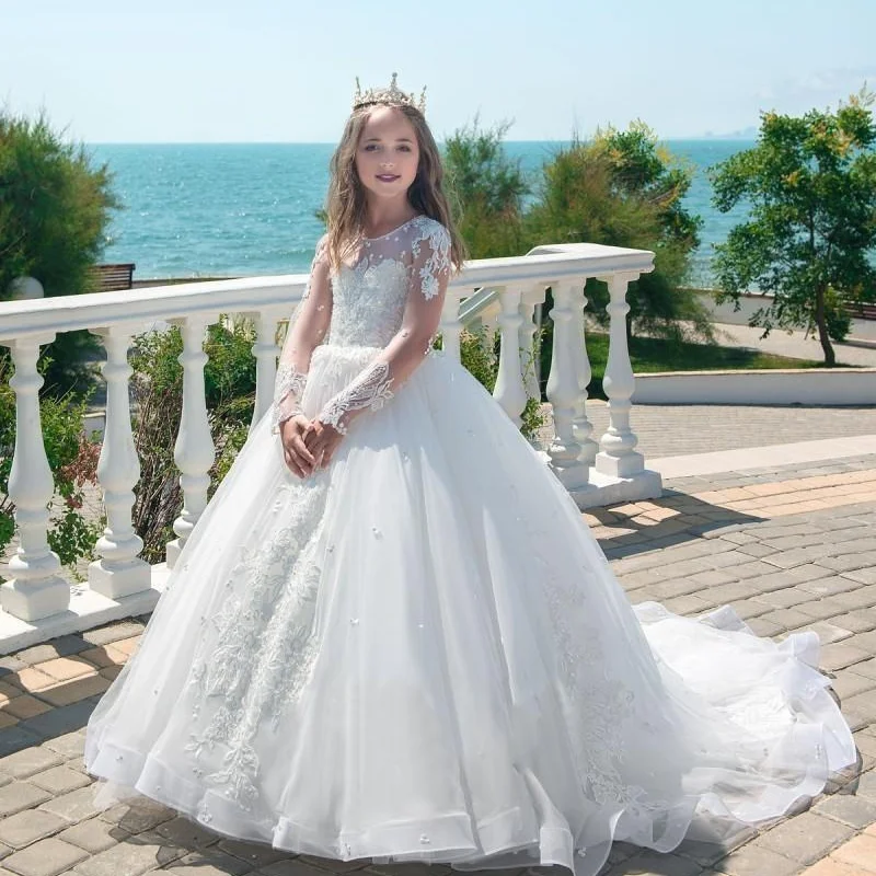 

Платье ТРАПЕЦИЕВИДНОЕ с круглым вырезом для девочек, бальное платье принцессы для свадьбы, первого причастия, подружки невесты, дня рождения