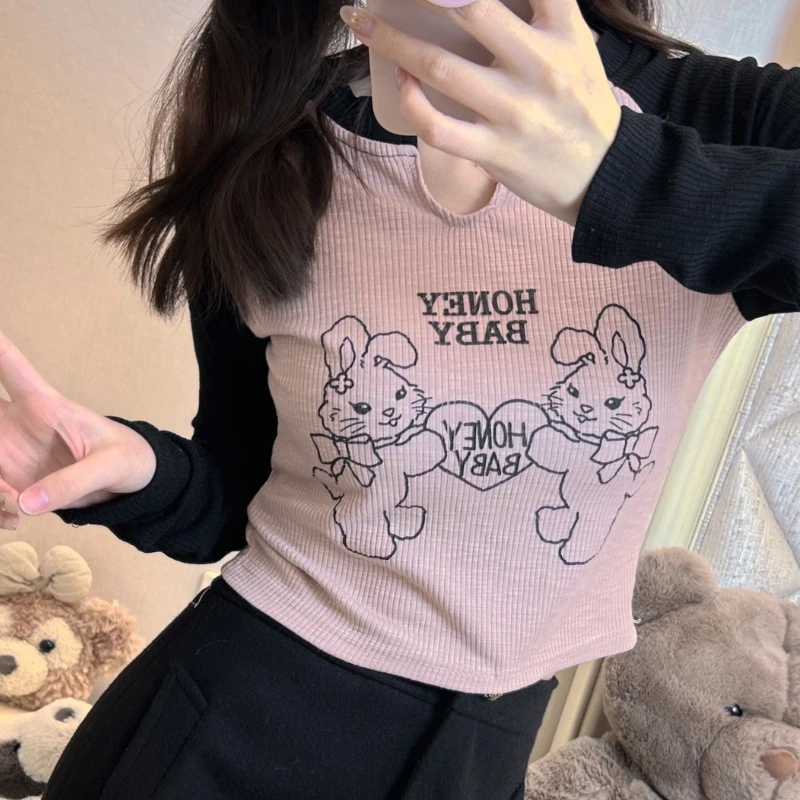 Sweet Cartoon Bunny Print Lolita T-Shirts Women Pink V Neck Long Sleeved Knit Crop Tops Spring Y2k Tees Kawaii Aesthetic Clothes
Sweet Cartoon Bunny Print Lolita T-Shirts Women Pink V Neck Long Sleeved Knit Crop Tops Spring Y2k Tees Kawaii Aesthetic Clothes