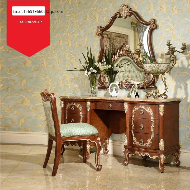 

European-style custom all-wood dressing table American luxury cosmetic mirror log carved villa furniture