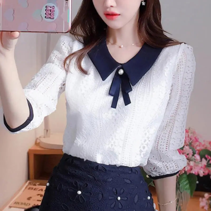 2022 Women's Spring Summer Style Chiffon Blouses Shirt Women's V-neck Bow Patchwork Half Sleeve Elegant Lace Tops
2022 Women's Spring Summer Style Chiffon Blouses Shirt Women's V-neck Bow Patchwork Half Sleeve Elegant Lace Tops