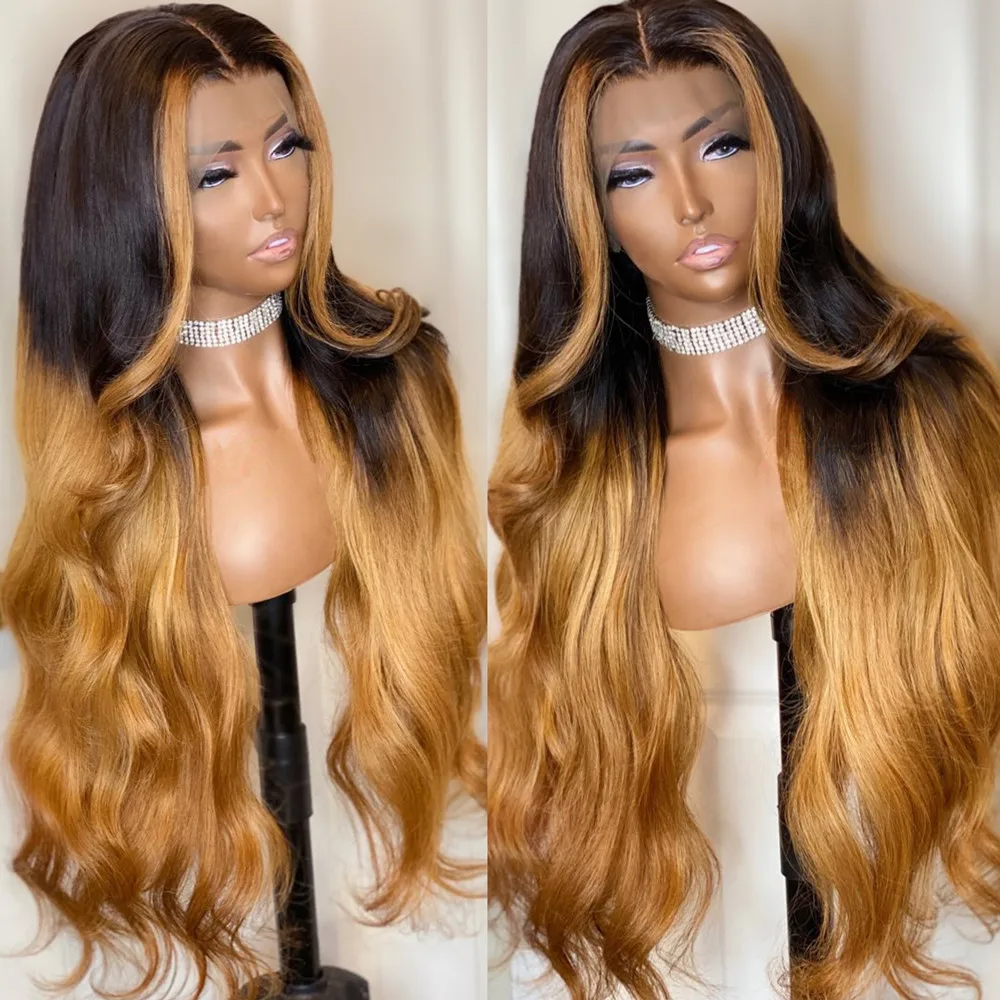 

Glueless Ombre Brown Lace Front Wigs Human Hair Pre plucked Bleached Knots Wet Wavy Full Lace Wigs with Baby Hair with Dark Root