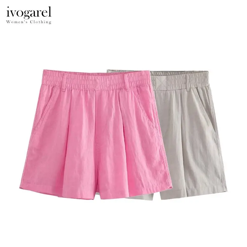 

Ivogarel Mid-Rise Linen Bermuda Shorts with Belt Loops Traf Women's Summer Shorts Elasticated Waistband Front Darts Side Pockets