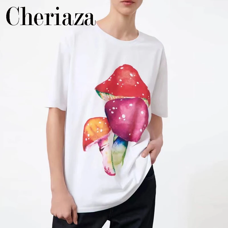 2022Spring Summer New Women's Front Mushroom Printed T-shirt Casual Fashion Crew neck Cotton White Short Sleeves Female Tops
2022Spring Summer New Women's Front Mushroom Printed T-shirt Casual Fashion Crew neck Cotton White Short Sleeves Female Tops