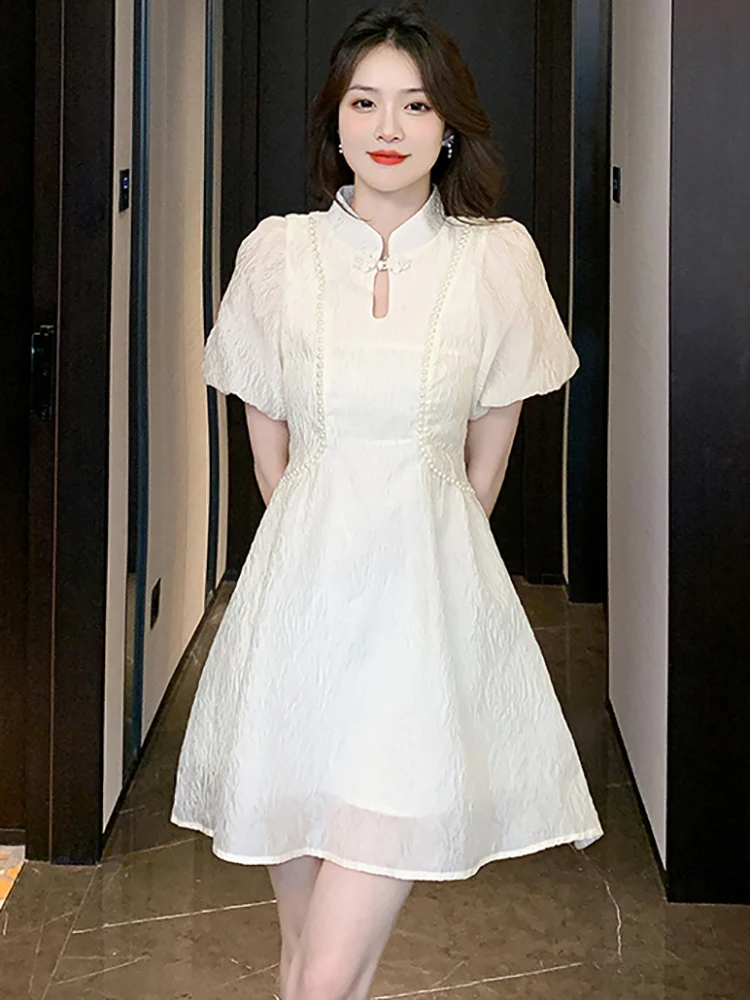 

Белое шикарное мини-платье с бусинами и рукавами-фонариками, женское Элегантное повседневное милое платье, Новинка лета 2023, корейское облегающее платье на день рождения