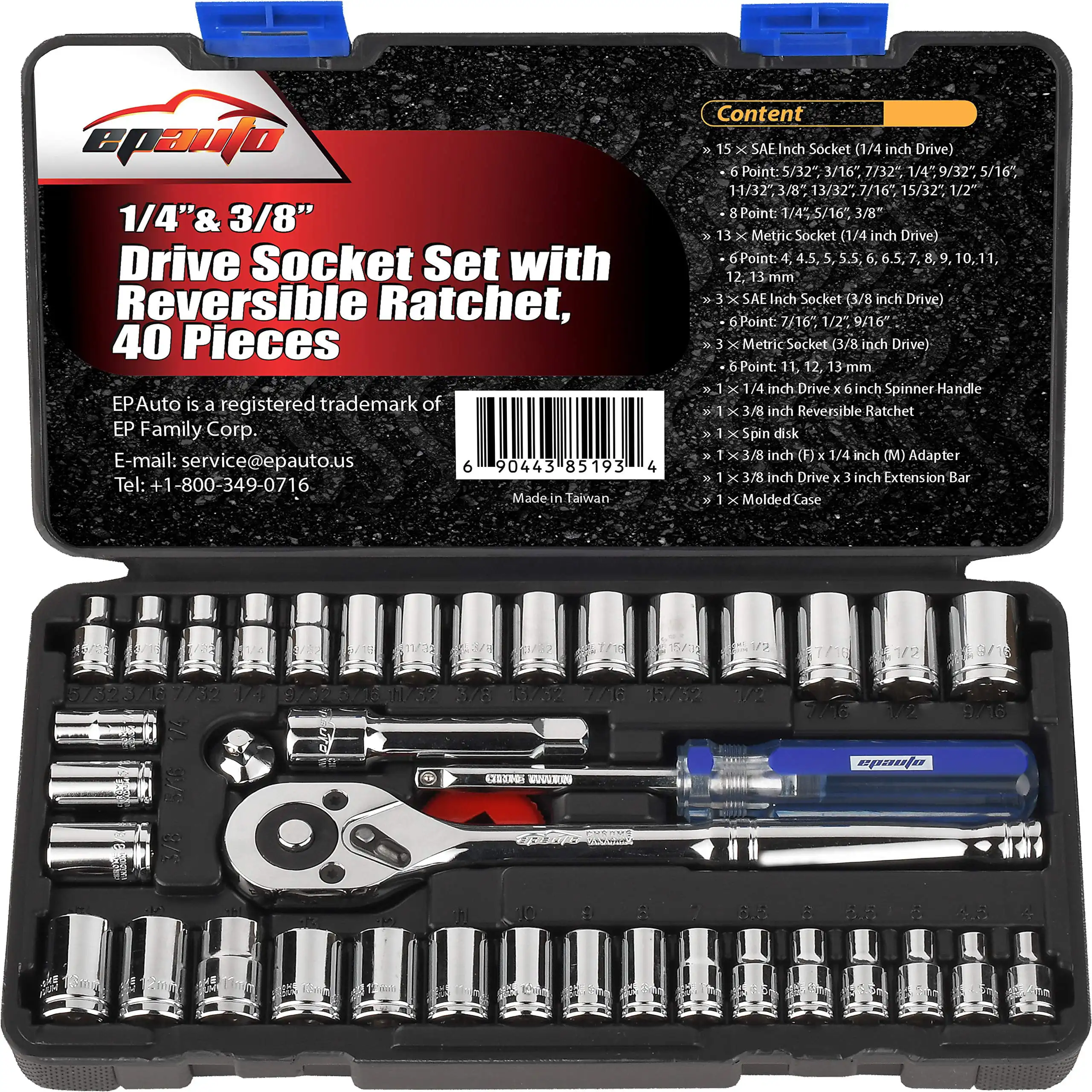 40 Pieces - 1/4-Inch & 3/8-Inch Drive Socket Set with 72 Tooth Reversible Ratchet
40 Pieces - 1/4-Inch & 3/8-Inch Drive Socket Set with 72 Tooth Reversible Ratchet