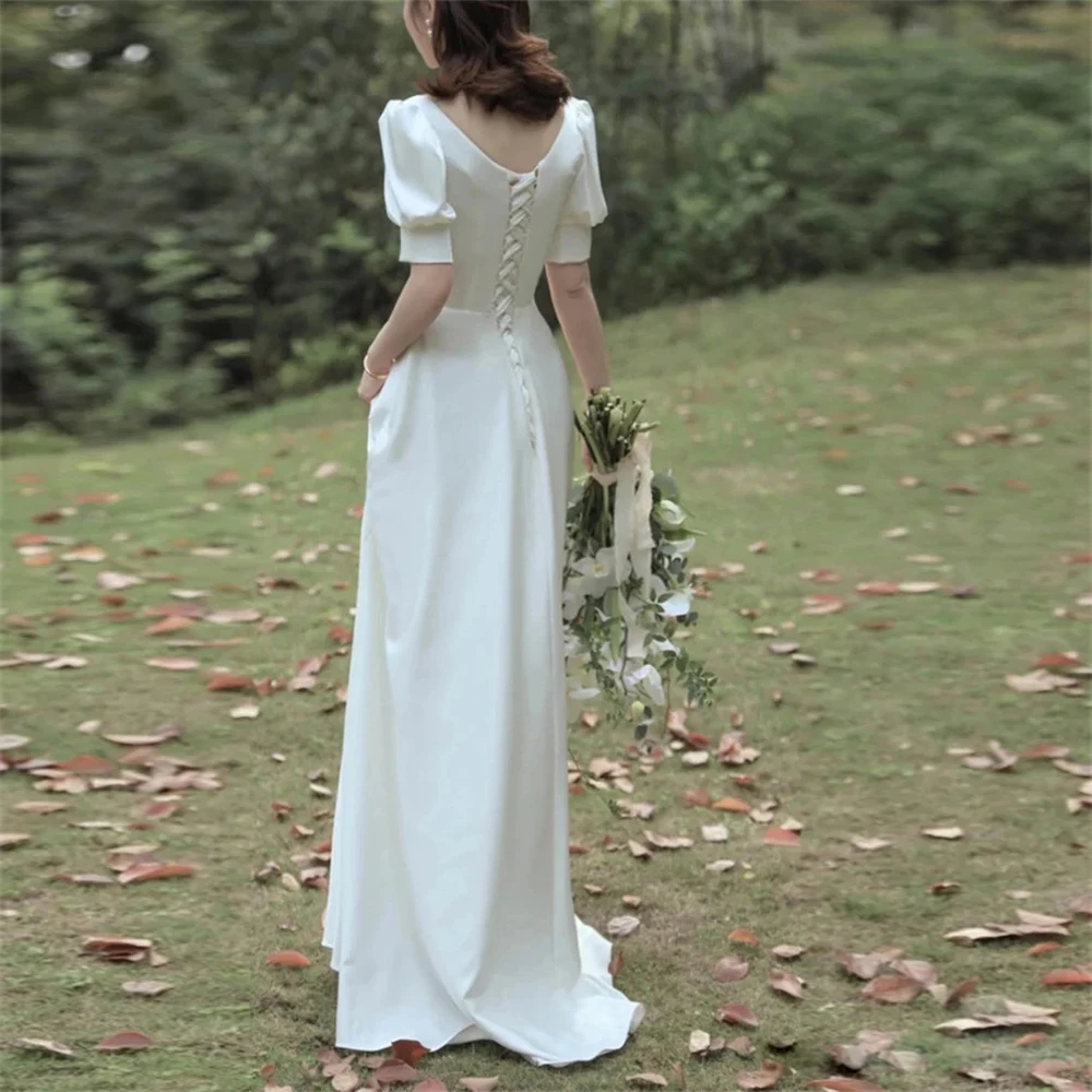 

2023 Vestidos De Novia Simple Elegant White Satin Long Sleeve Wedding Dress for Women Princesa Bridal Gown Robe Mariée Custom