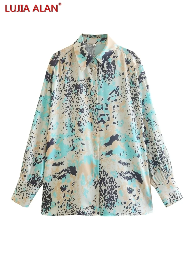 New Women's Leopard Print Satin Turndown Collar Side Slit Long Sleeve Casual Loose Shirt LUJIA ALAN B876
New Women's Leopard Print Satin Turndown Collar Side Slit Long Sleeve Casual Loose Shirt LUJIA ALAN B876