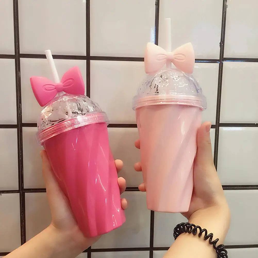 

380ml Cute Bowknot Decor Straw Cup Exquisite Bright-colored PS Water Cup for Girls Home Office School Drinkware Mug Drink Cup
