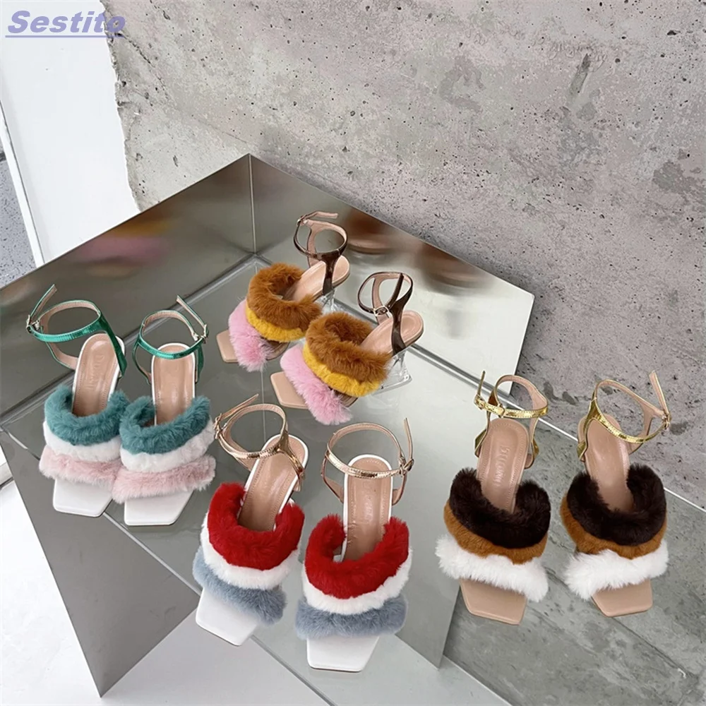 

Fur Mixed Color Square Toe Sandals Strange Transparent Heel Ankle Buckle Strap Fashion Banquet Party Women Shoes Summer Novel