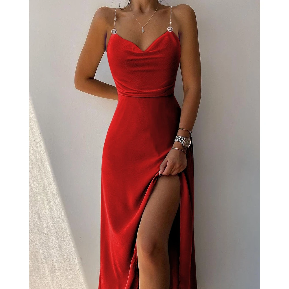 Women Chain Linked Cowl Neck Split Thigh Slip Dress Summer Fashion Femme Spaghetti Strap Maxi Dress Outfits Party Birthday 
Women Chain Linked Cowl Neck Split Thigh Slip Dress Summer Fashion Femme Spaghetti Strap Maxi Dress Outfits Party Birthday