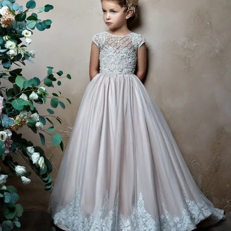 

Lace Beads Flower Girl Dresses Sheer Neck Tulle Long Sleeves Lilttle Kids Birthday Ball Gowns Pageant Weddding Wears