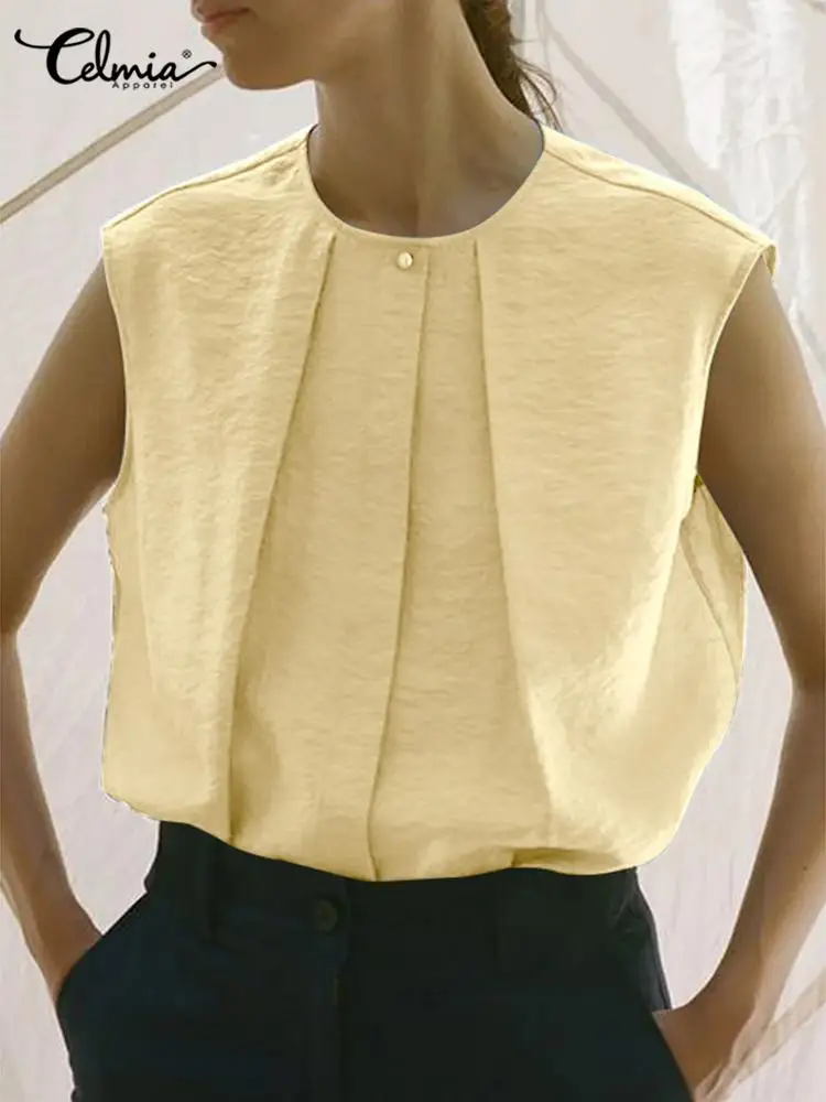 Casual Loose O-neck Blouse 2022 Summer Celmia Fashion Women Sleeveless Pressed Pleats Tank Tops Button All-match Wrinkles Tunics
Casual Loose O-neck Blouse 2022 Summer Celmia Fashion Women Sleeveless Pressed Pleats Tank Tops Button All-match Wrinkles Tunics
