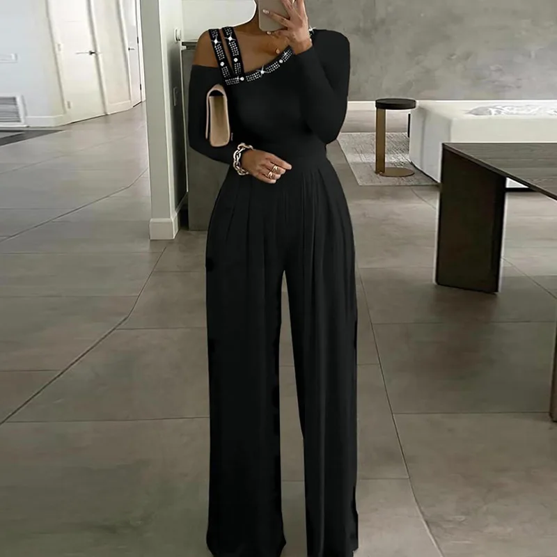 Casual All-Match Playsuit Women Black Oblique Shoulder Hot Drilling Commute Jumpsuit Fashion Backless Slim Trousers Party Romper
Casual All-Match Playsuit Women Black Oblique Shoulder Hot Drilling Commute Jumpsuit Fashion Backless Slim Trousers Party Romper