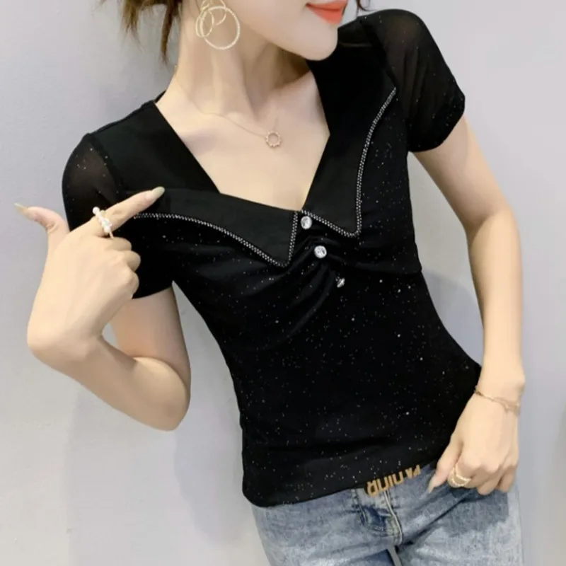 #7423 Summer Short Sleeve T Shirt Women V-Neck Buttons Slim Mesh T Shirt Femme Sexy Casual Basic Women's T-shirt Korean Fashion
#7423 Summer Short Sleeve T Shirt Women V-Neck Buttons Slim Mesh T Shirt Femme Sexy Casual Basic Women's T-shirt Korean Fashion