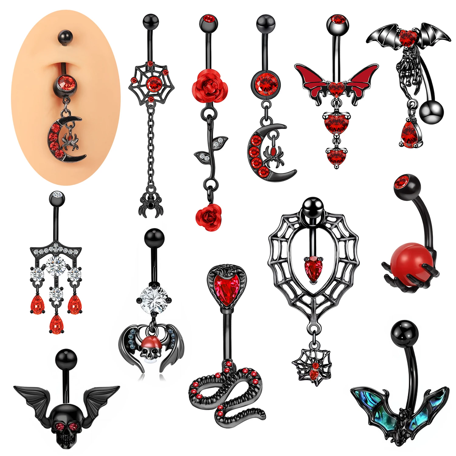 

ZS 1 Piece Black Color Stainless Steel Belly Button Rings Gothic Punk Skull Bat Pendant Navel Piercing Red Crystal Body Jewelry