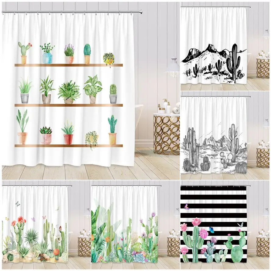 

Tropical Watercolor Cactus Shower Curtains Set Green Leaf Butterfly Succulents Print Waterproof Fabric Bathroom Decor with Hooks