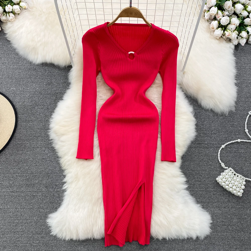 Korean Fashion Knitted Midi Dress Woman OL Office Long Sleeve V Neck Side Slit Over Knee Bodycon Dresses Female Dropshipping 
Korean Fashion Knitted Midi Dress Woman OL Office Long Sleeve V Neck Side Slit Over Knee Bodycon Dresses Female Dropshipping