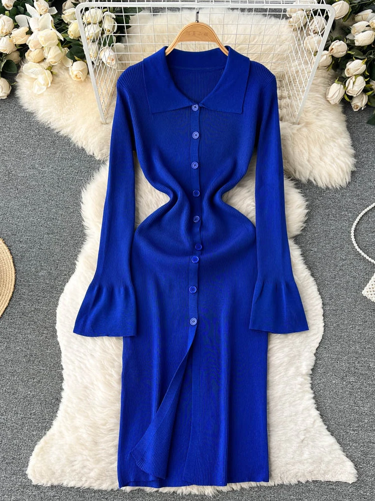 Ladies Lapel Full Flare Sleeve Knitted Dress Women Solid Color Slim Single Breasted Knee Length Sheath Pencil Dress Clothing
Ladies Lapel Full Flare Sleeve Knitted Dress Women Solid Color Slim Single Breasted Knee Length Sheath Pencil Dress Clothing
