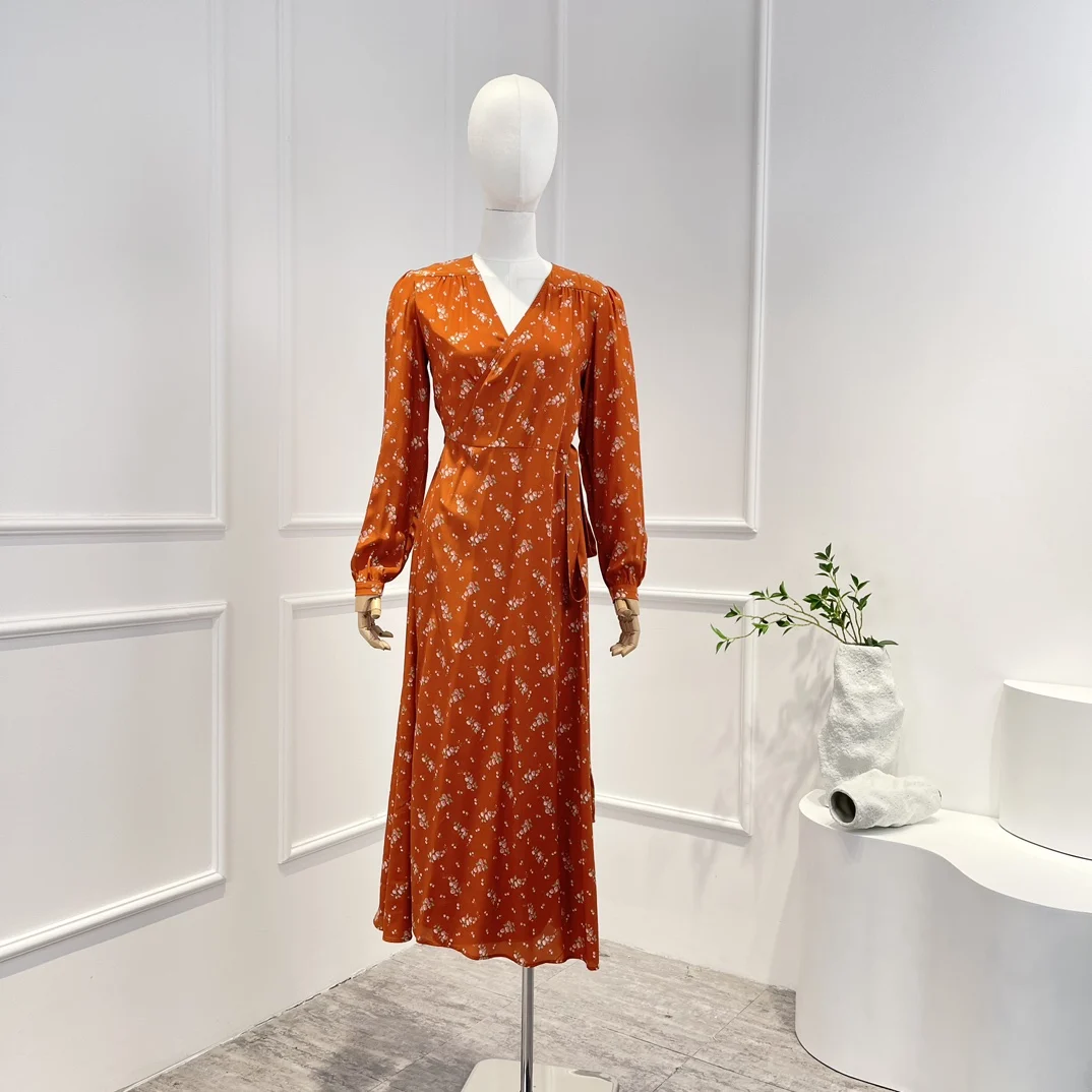 

Женское шелковое платье средней длины, красное платье с запахом, цветочным принтом, поясом, длинным рукавом и V-образным вырезом, лето 2023
