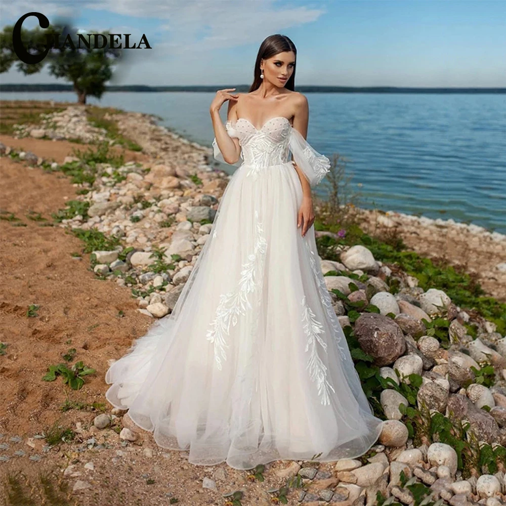 

Пляжное Элегантное свадебное платье CHANDELA, Кружевная аппликация, сердечко, с открытыми плечами, с бусинами, Suknia slubna, индивидуальные для женщин