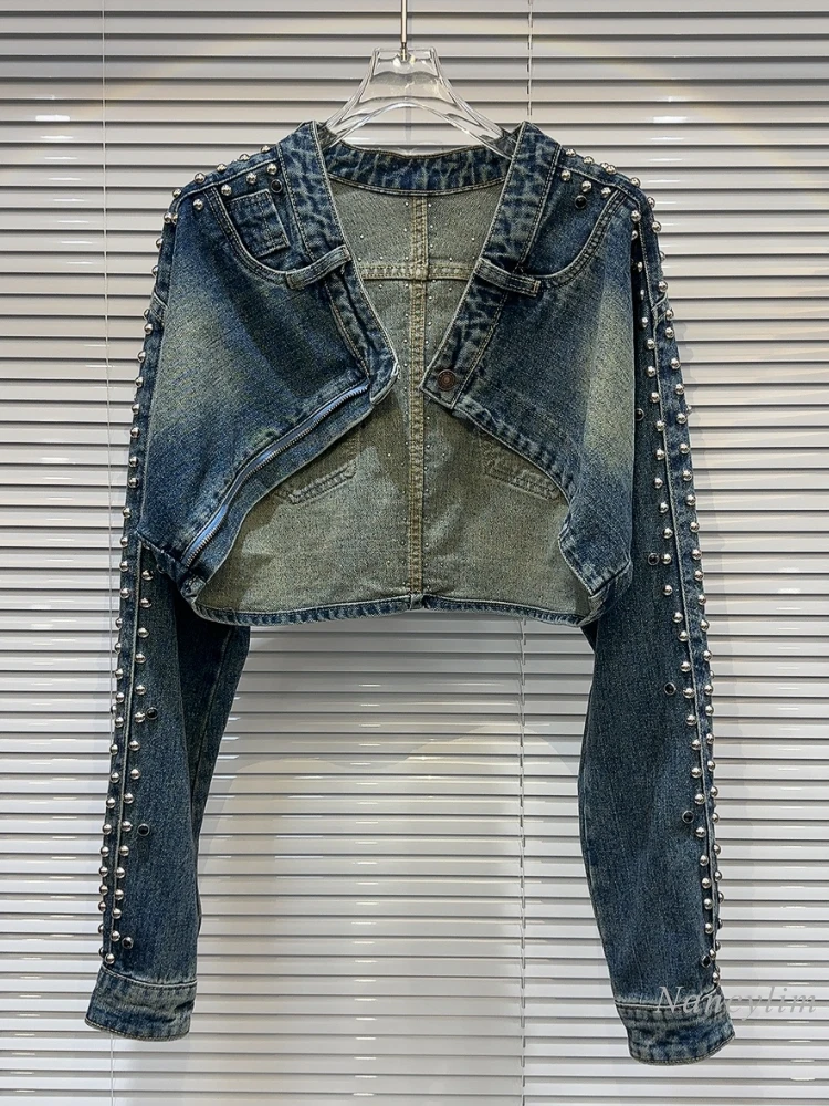 

2023 Autumn Cropped Denim Jacket for Women New Street Locomotive Coat Heavy Industry Metal Rivet Washed Shawl Denim Coats