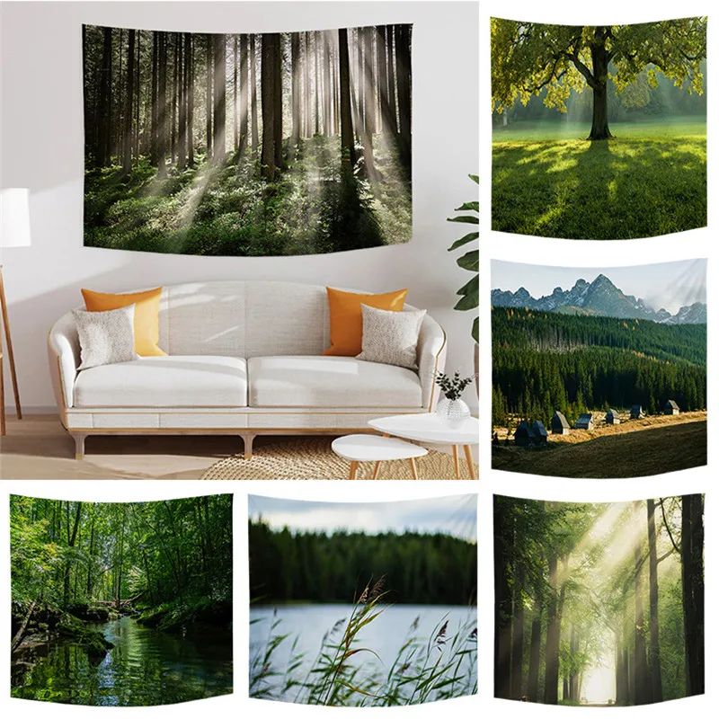 

Nature Sceneries Green Forest Sun Starry Sky Printed Polyester Tapestry Wall Hanging Tapestries For Bedroom Dorm Hotel Decor