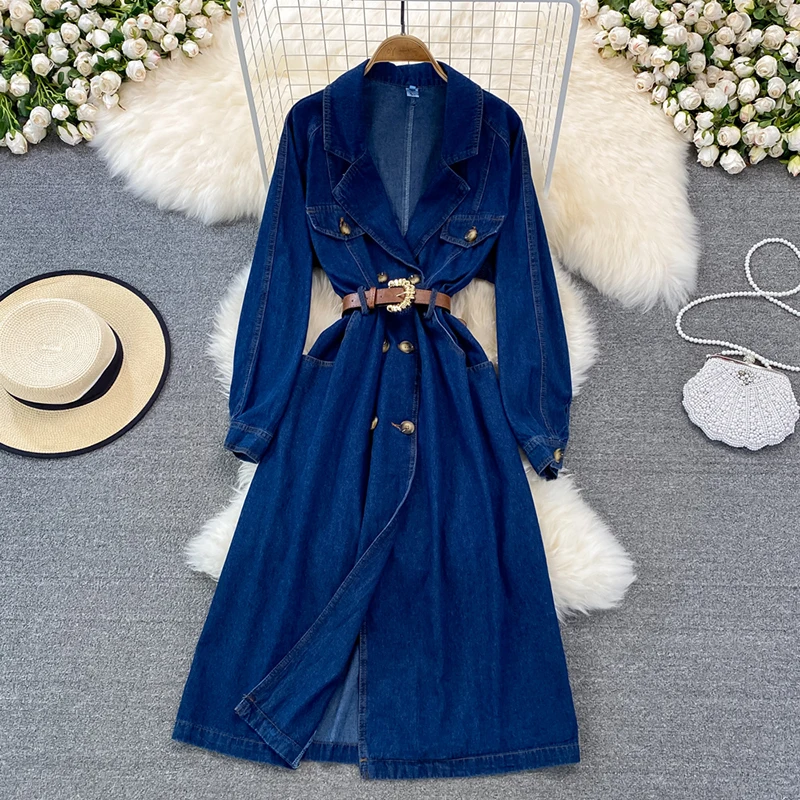 Spring Fall Retro Denim Dress Korean Women High Waist Slim Suit Collar Denim Dress Elegant Temperament Big Swing Long Dress New 
Spring Fall Retro Denim Dress Korean Women High Waist Slim Suit Collar Denim Dress Elegant Temperament Big Swing Long Dress New
