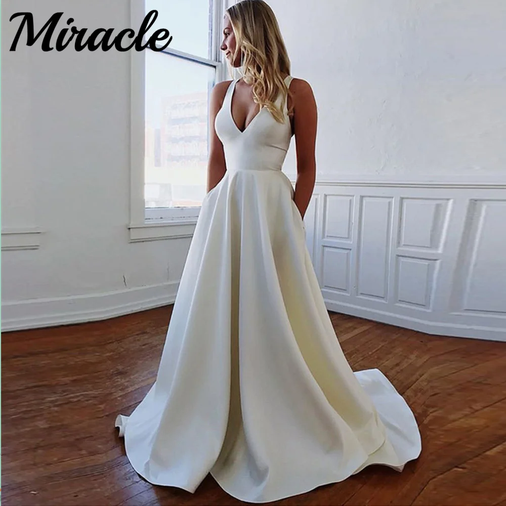 

A Line V Neck Wedding Dresses Vestidos de novia con cuello en V Simple vestidos de novia sexis de playa vestido de boda Cheap