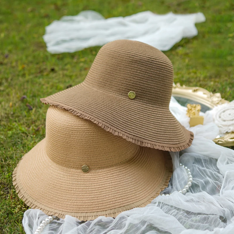 

Luna&Dolphin Women Summer Simple Sun Hat Camel Small Eaves Beach Straw Nature Lace Line Cap Temperament Flat Collapsible Outdoor