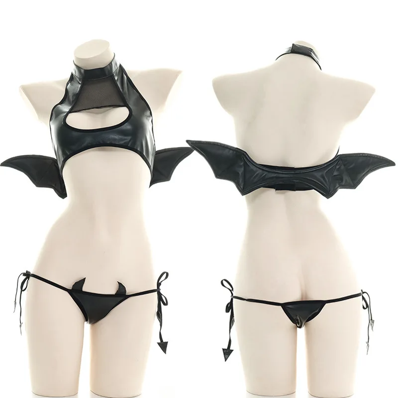 

Sexy Lingerie Set Leather Wings Cosplay Devil Costume Women SM Games MeshBlack Lingerie Attractive Bikini Set Underwear