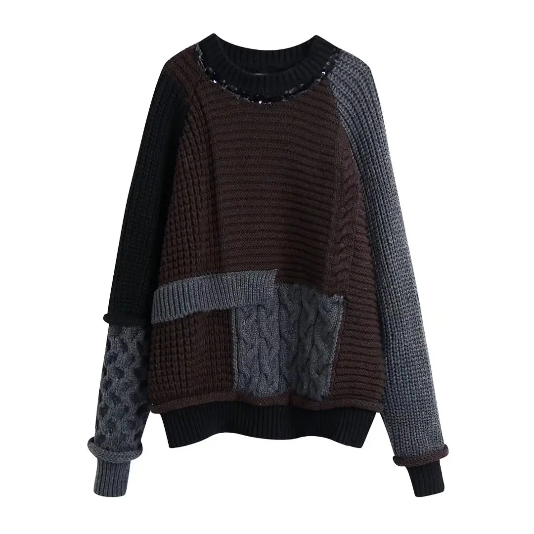 Autumn Women's Wear Dark Brown Patchwork Design Long Sleeve Round Neck Loose Sweater Pullover High Street Style Base
Autumn Women's Wear Dark Brown Patchwork Design Long Sleeve Round Neck Loose Sweater Pullover High Street Style Base
