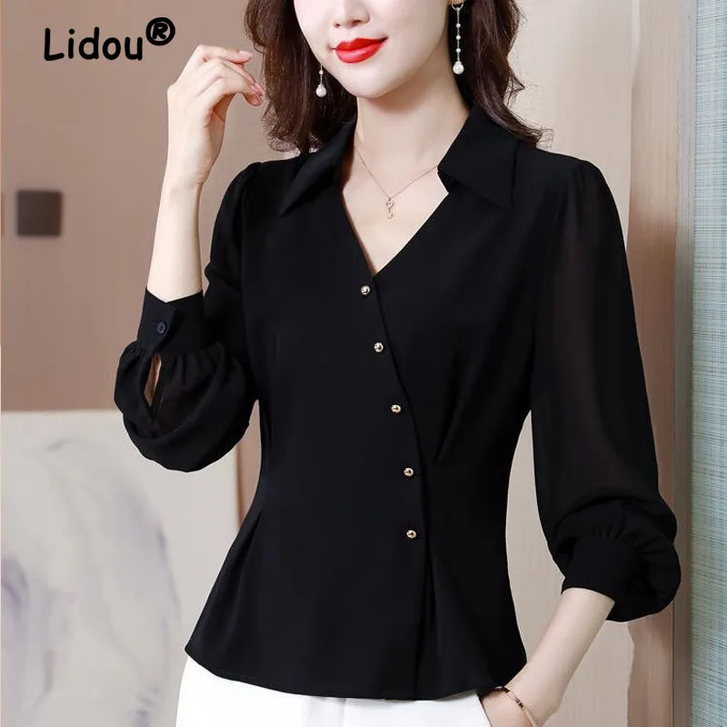 Black Autumn Lady Polo-neck Long Sleeve Casual Fashion T-shirt 2023 New Women Spring Slim Solid Color Button V-neck Tops
Black Autumn Lady Polo-neck Long Sleeve Casual Fashion T-shirt 2023 New Women Spring Slim Solid Color Button V-neck Tops