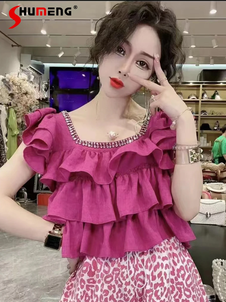 Women 2022 Summer New Korean Style Sweet Blouses Ladies Fashion Fairy Rhinestone Ruffled Stitching Versatile Slimming Shirt Top
Women 2022 Summer New Korean Style Sweet Blouses Ladies Fashion Fairy Rhinestone Ruffled Stitching Versatile Slimming Shirt Top