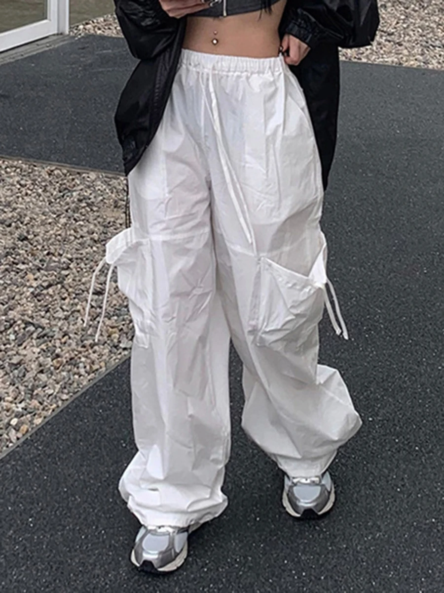 Брюки-карго женские с широкими штанинами, повседневные эластичные штаны с низкой посадкой, модные брюки в Корейском стиле для бега, белые, y2k 
Брюки-карго женские с широкими штанинами, повседневные эластичные штаны с низкой посадкой, модные брюки в Корейском стиле для бега, белые, y2k