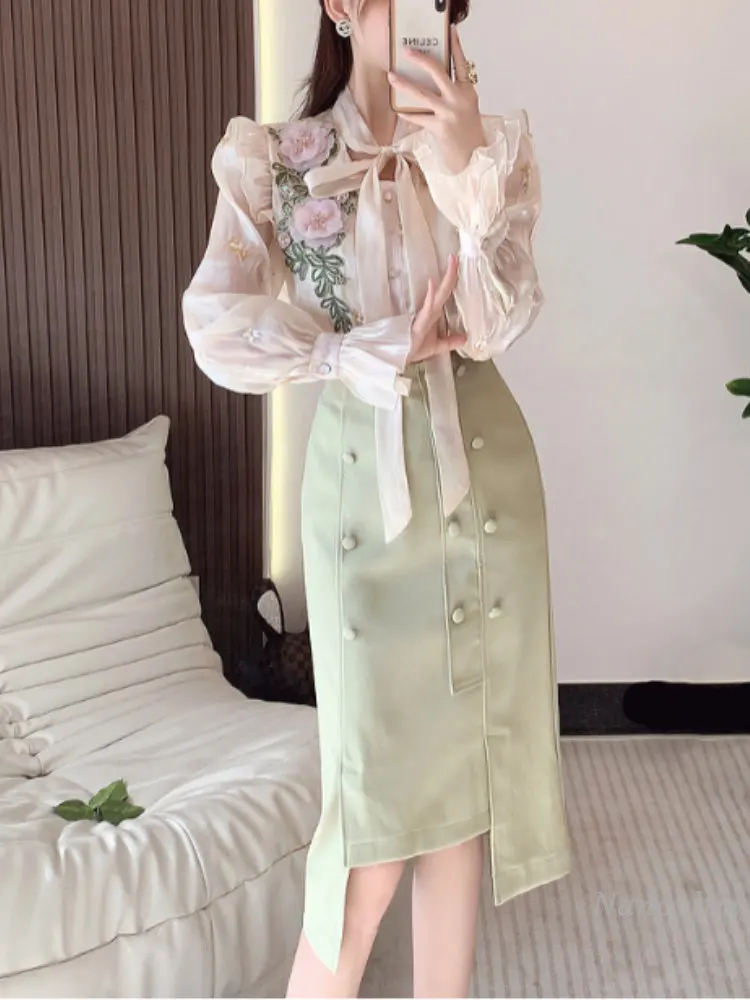 Lux Two Piece Set Women's Heavy Industry Three-Dimensional Embroidered Flower Collar Shirt + Irregular Green Sheath Skirt 2023
Lux Two Piece Set Women's Heavy Industry Three-Dimensional Embroidered Flower Collar Shirt + Irregular Green Sheath Skirt 2023