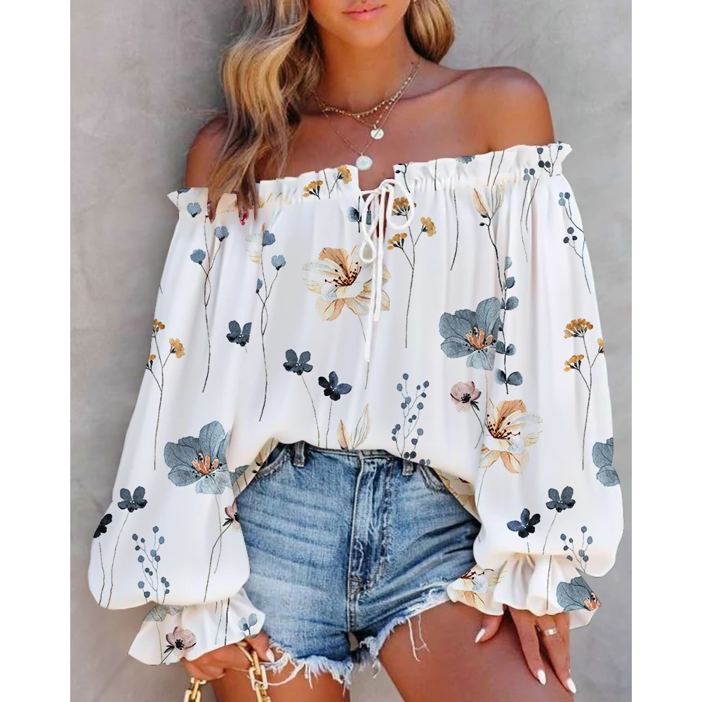 Summer Women Floral Print Tie Detail Off Shoulder White Top Female Lantern Sleeve Blouse Streetwear Clothes Womens Y2k Tops Traf
Summer Women Floral Print Tie Detail Off Shoulder White Top Female Lantern Sleeve Blouse Streetwear Clothes Womens Y2k Tops Traf