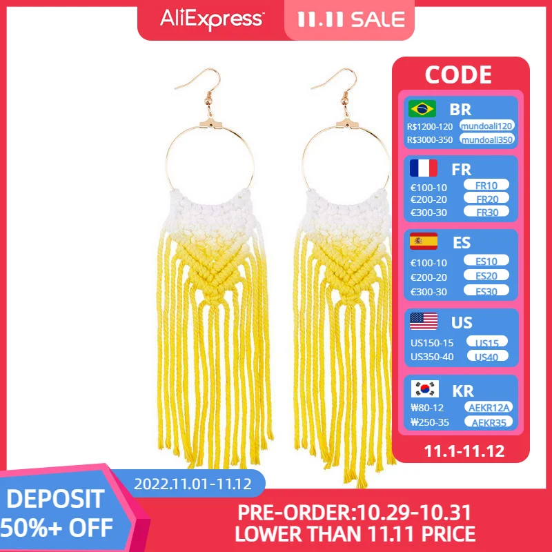 ZWPON Dip Dyeing Gradual Colored Cotton Fringe Macrame Tassel Earrings for Women Geometric Long Earrings Jewelry Wholesale E6899
ZWPON Dip Dyeing Gradual Colored Cotton Fringe Macrame Tassel Earrings for Women Geometric Long Earrings Jewelry Wholesale E6899