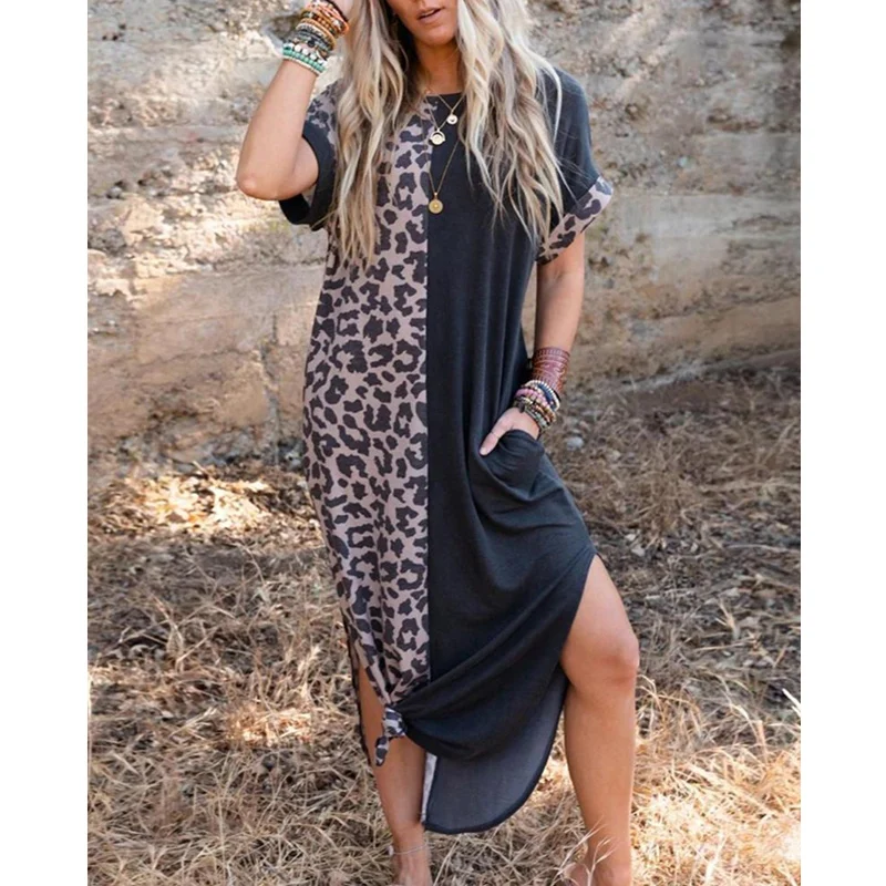 Women Elegant Fashion Leopard Patchwork Curved Hem Casual Loose Dress Women Short Sleeve Bohemian Long Dress Streetwear
Women Elegant Fashion Leopard Patchwork Curved Hem Casual Loose Dress Women Short Sleeve Bohemian Long Dress Streetwear
