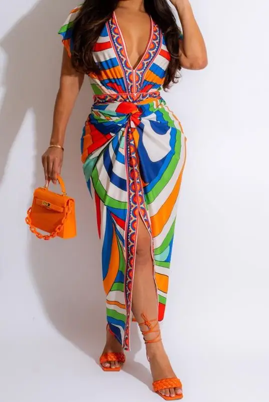 

new fashion 2023 summer casual Short Sleeve Maxi Daily Non-Stretch Tribal Print Plunge Twisted Slit Dress Elegant dresses women