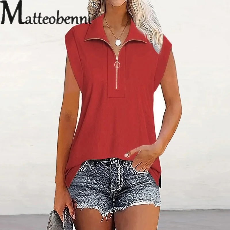 Fashion Sleeveless Lapel Neck Zipper Splicing T-Shirt Women Threaded Casual Loose Tops Female Summer Solid Color Tees Streetwear
Fashion Sleeveless Lapel Neck Zipper Splicing T-Shirt Women Threaded Casual Loose Tops Female Summer Solid Color Tees Streetwear